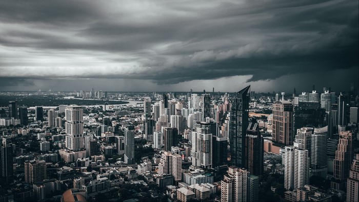 Skyscrapers under stormy clouds