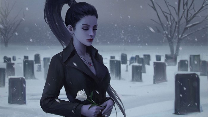 Widowmaker from Overwatch in a snowy graveyard