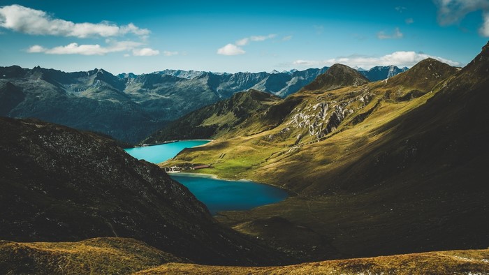 Two blue lakes in a mountain valley