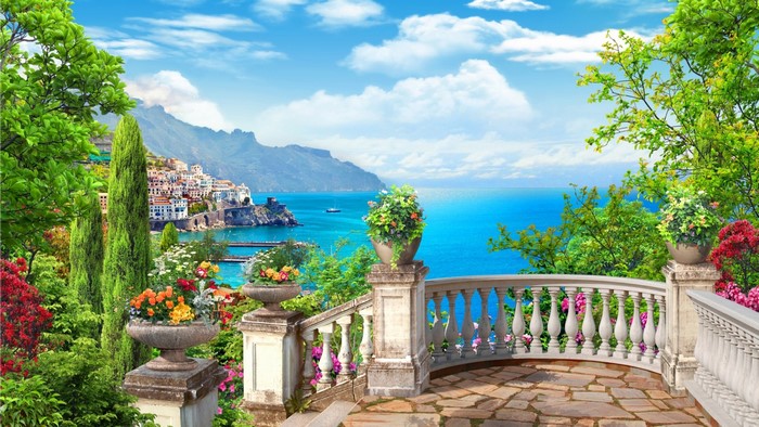 Balcony overlooking a coastal town and the sea