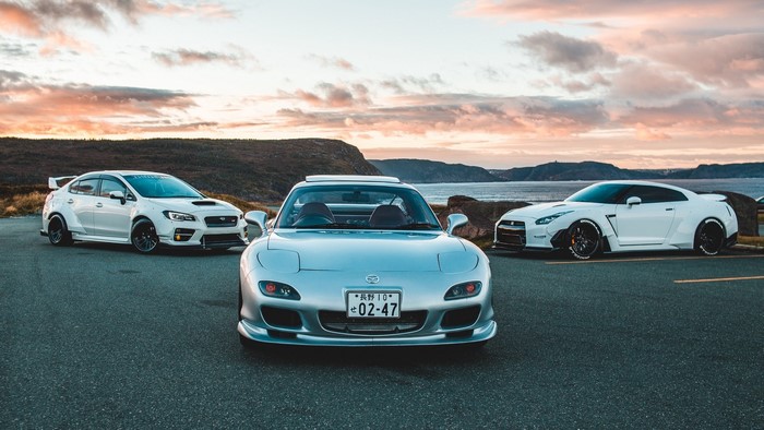 Mazda RX-7, Subaru WRX STI, and Nissan GT-R