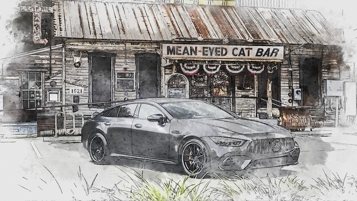 Mercedes-AMG GT 63 S E Performance in front of Mean-Eyed Cat Bar