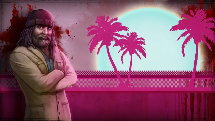 Man from Hotline Miami with palm trees