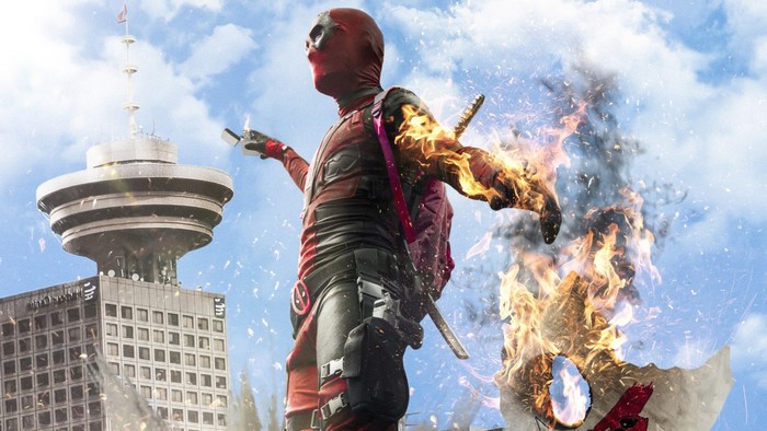 Deadpool on fire in front of Vancouver Lookout