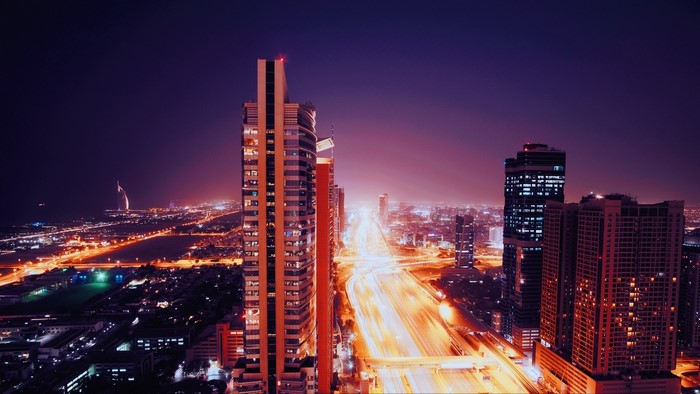 Dubai Skyline at Night with Highway
