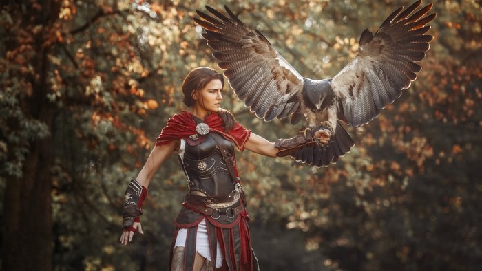 Kassandra from Assassin's Creed Odyssey with a bird