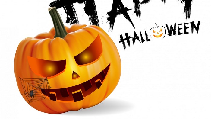 Halloween pumpkin with spider and text