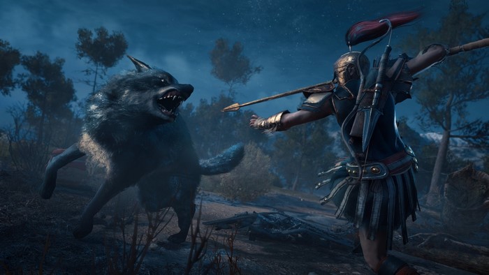 Assassin from Assassins Creed Odyssey fighting a wolf