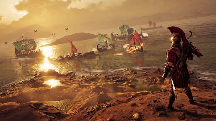 Assassin's Creed Odyssey naval battle at sunset