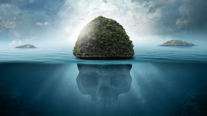 Island with skull iceberg in the ocean