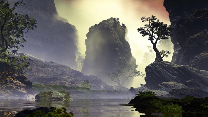 Misty mountains and a tranquil lake