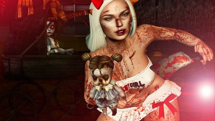 Bloody woman holding a doll and a cleaver