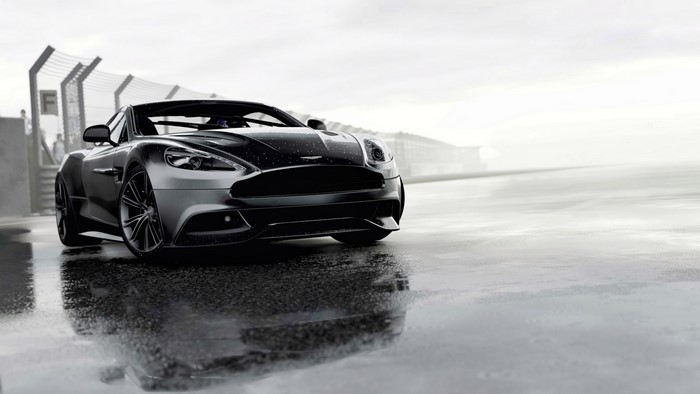 Aston Martin Vanquish on a wet racetrack