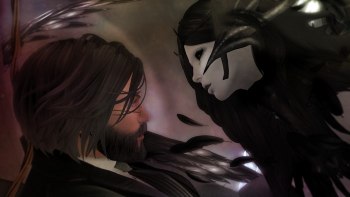 Fantasy characters with black wings and feathers