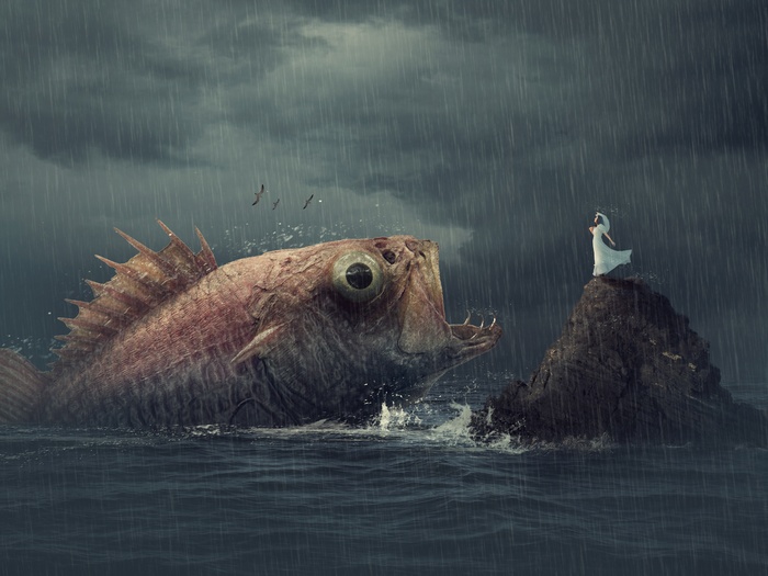 Giant fish attacking a woman on rocks in the rain