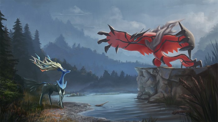 Yveltal and Xerneas in a Misty Forest Landscape