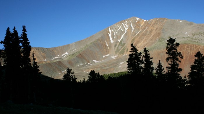 Mountain range with snow patches and pine trees