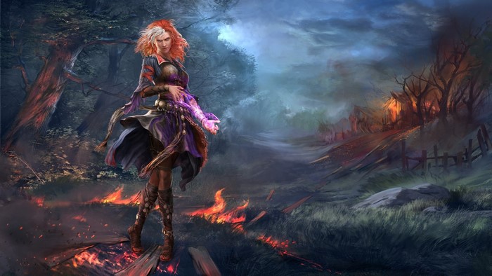 Woman with red and white hair in a burning landscape