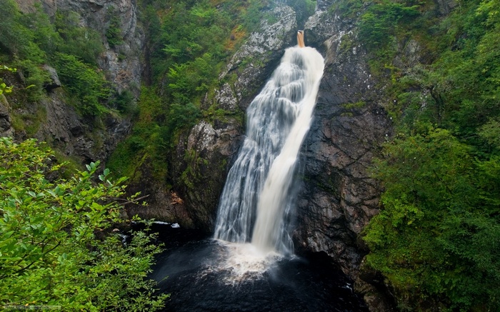 Waterfall cascading down a rocky cliff face surrounded by greenery