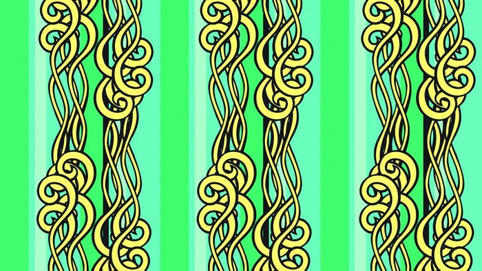 Yellow swirling vines on green striped background