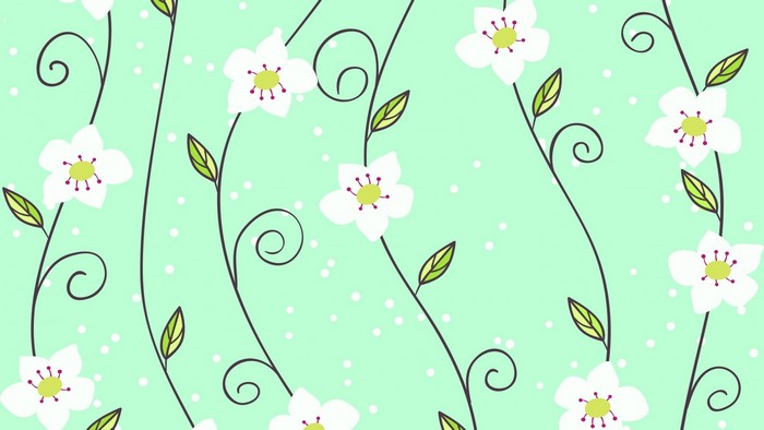 White flowers with green leaves on a light green background