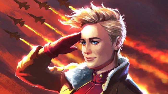 Captain Marvel saluting with jets flying