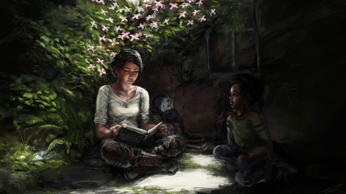 Clementine and AJ from The Walking Dead: The Final Season reading