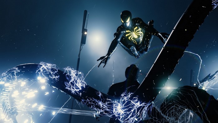 Spider-Man in Black Suit Fighting with Electric Tentacles