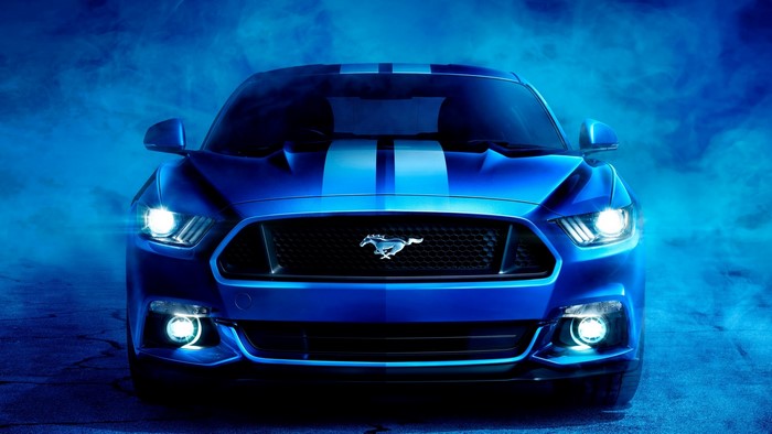 Blue Ford Mustang with racing stripes