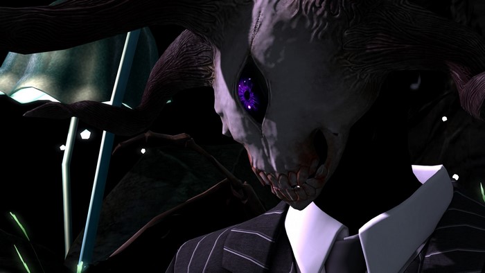 Fantasy creature with skull mask and suit