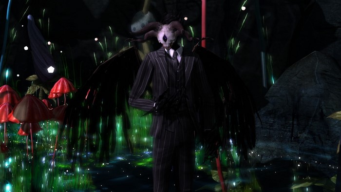 Fantasy creature in a pinstripe suit with wings