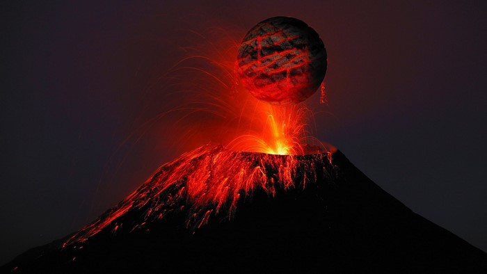 Volcano erupting with a fiery planet overhead