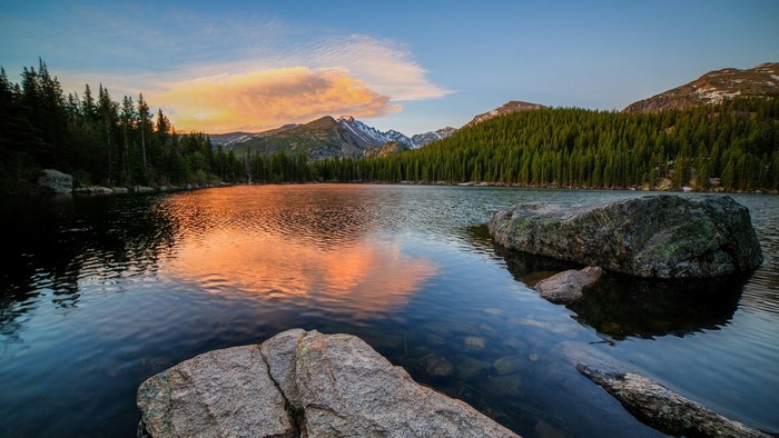 Lake with Mountains and Forest at Sunset