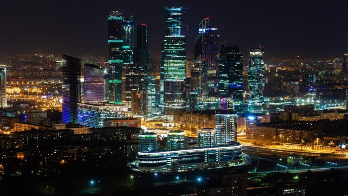 Moscow City skyscrapers at night