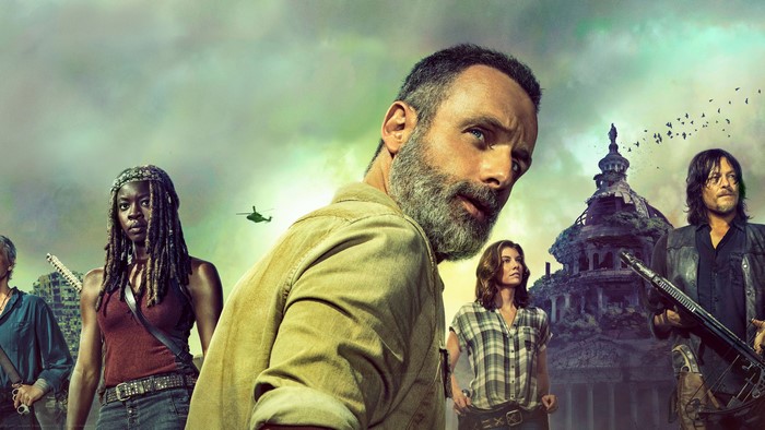 4K The Walking Dead characters with helicopter and building