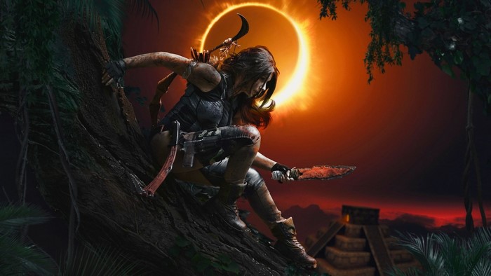 Lara Croft from Shadow of the Tomb Raider during an eclipse