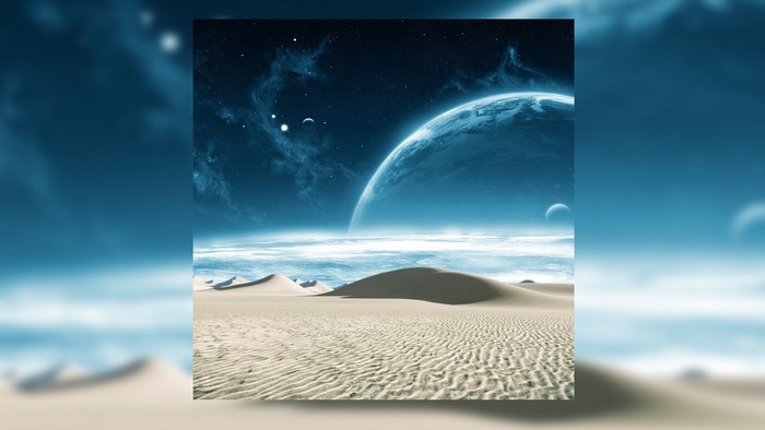 Alien desert landscape with planet and moons