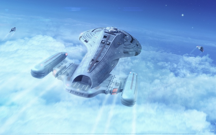 Star Trek Intrepid-class starship in clouds