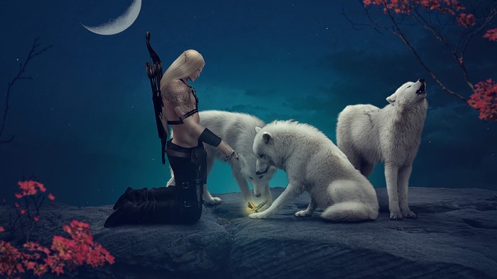 4K Fantasy Elf with Wolves and Butterfly