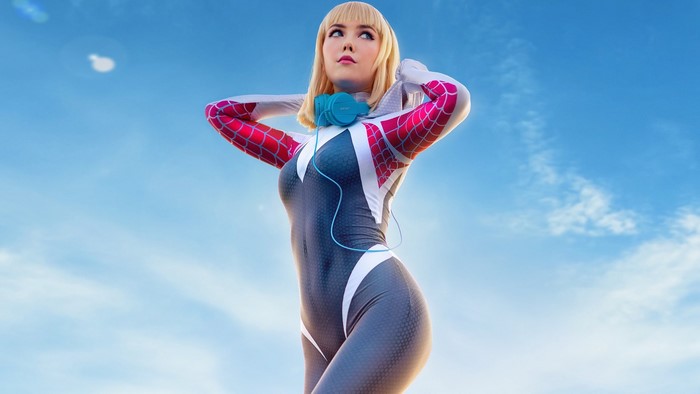 Spider-Gwen Cosplay with Headphones