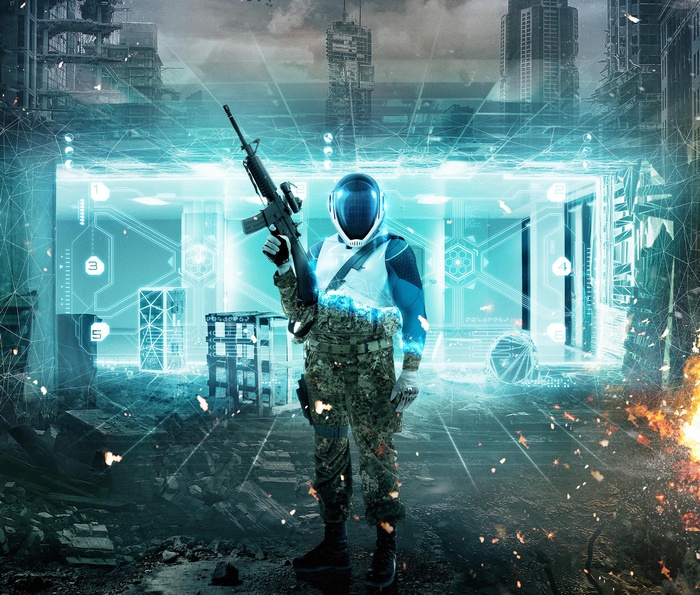 Soldier in futuristic armor holding a rifle in a ruined city