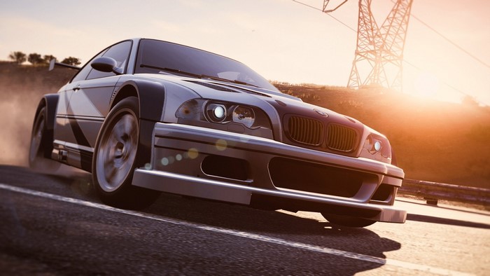 BMW M3 GTR drifting on a road