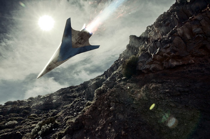 Sci-Fi fighter jet flying near rocky mountains