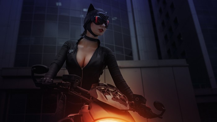 Catwoman Cosplay on a Motorcycle