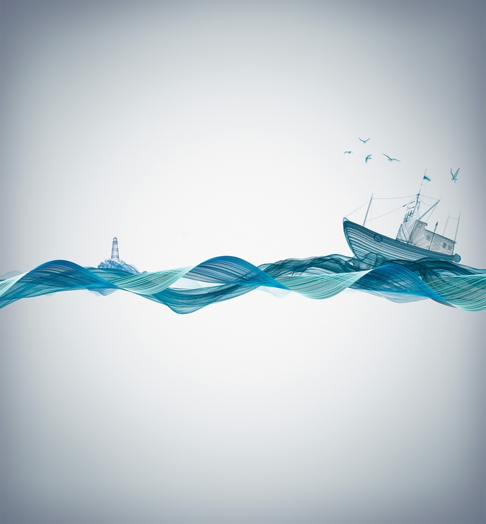 Boat and lighthouse on abstract waves