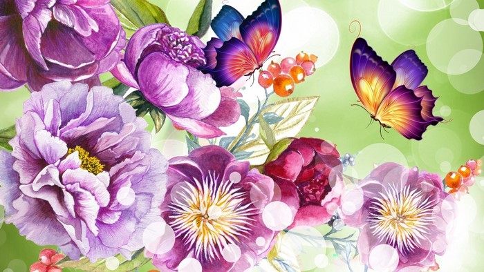 Watercolor peonies and butterflies