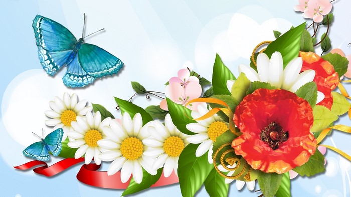 Blue butterflies and flowers with red ribbon