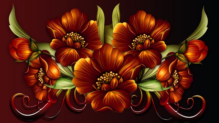 Digital Art of Red and Orange Flowers with Green Leaves