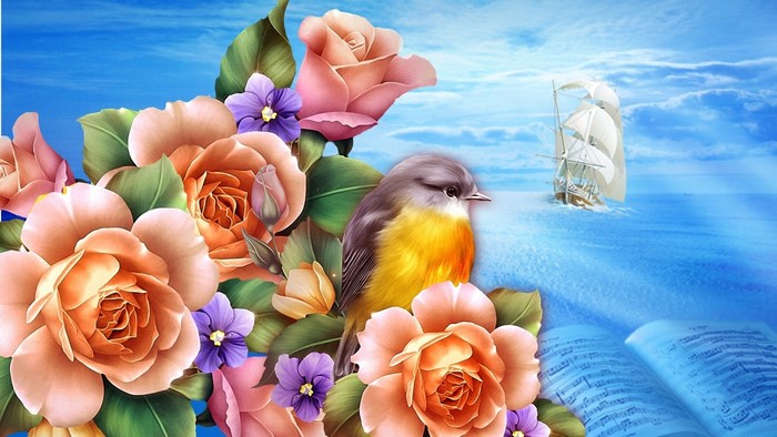 Bird on flowers with sailing ship and open book