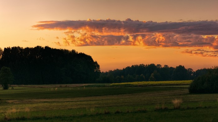 Sunset over a rural landscape with fields and trees